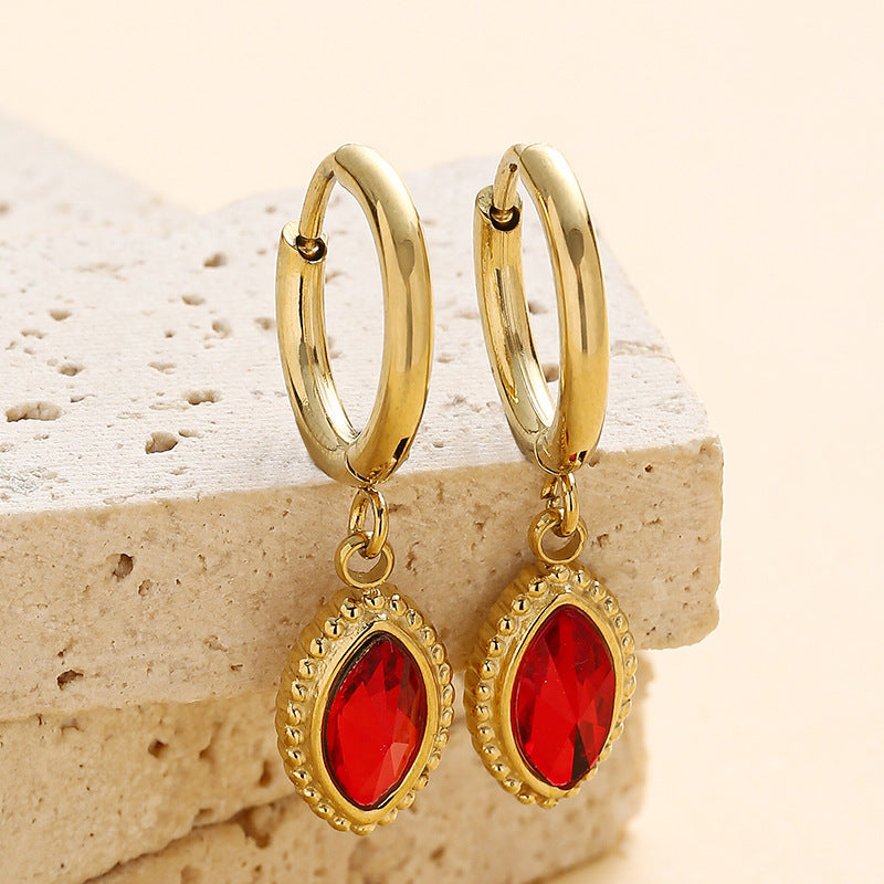 Chisheng Red Natural Stone Stainless Steel Earrings Fashionable Minimalist Design Retro Feel Circle Hoop Earrings For Women
