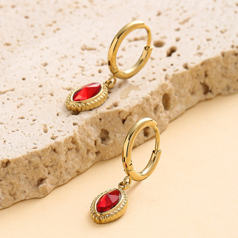 Chisheng Red Natural Stone Stainless Steel Earrings Fashionable Minimalist Design Retro Feel Circle Hoop Earrings For Women