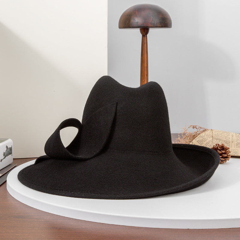 Black Woolen Large Brim Hat For Women Retro British Style Autumn Winter New Arrival Fashionable All-Match Felt Cap