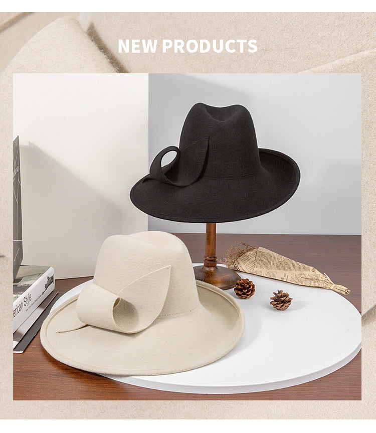 Black Woolen Large Brim Hat For Women Retro British Style Autumn Winter New Arrival Fashionable All-Match Felt Cap