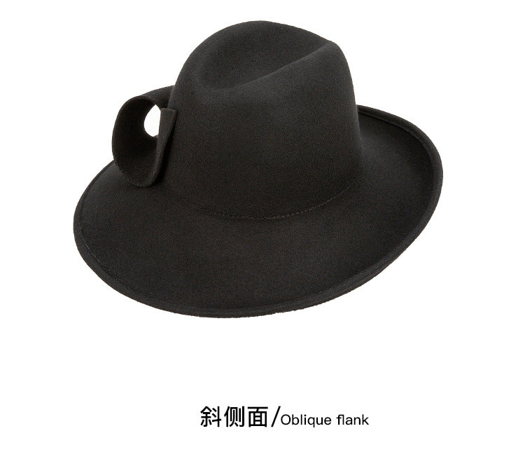 Black Woolen Large Brim Hat For Women Retro British Style Autumn Winter New Arrival Fashionable All-Match Felt Cap