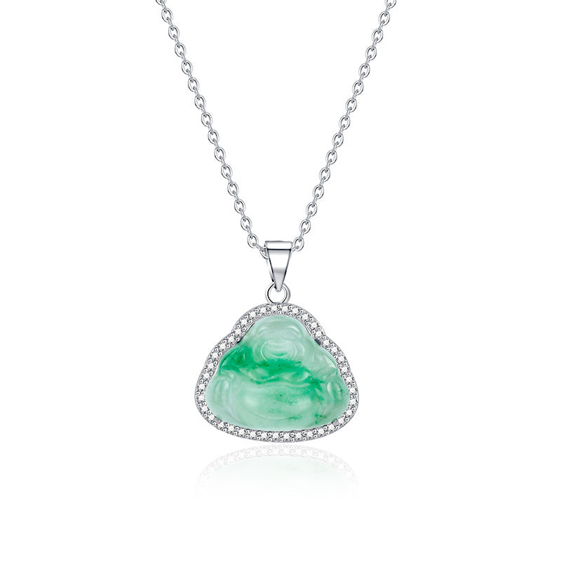 Natural Ice Transparent African Jade S925 Sterling Silver Necklace Women's High Quality Buddha Pendant Clavicle Chain Jewelry
