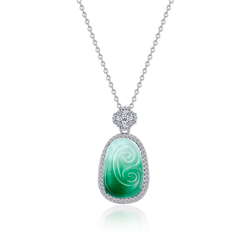Natural African Jade Necklace For Women S925 Sterling Silver High Ice Jadeite Pendant Clavicle Chain Geometric Pattern Chinese Style