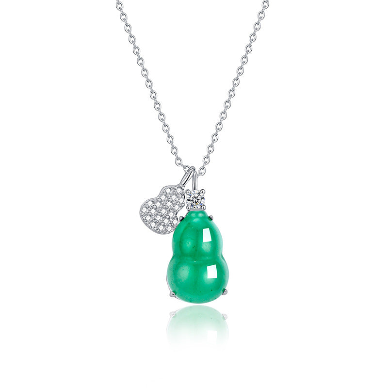 Natural African Jade Ice Necklace Women's S925 Sterling Silver High-End Sensation Gourd Pendant Clavicle Chain Bohemian Style