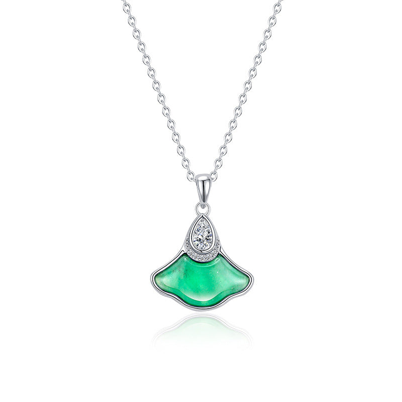 Natural Ice Transparent African Jade Women's Necklace S925 Sterling Silver Embedded Zirconia Bohemian Style Floral Print Pendant Clavicle Chain