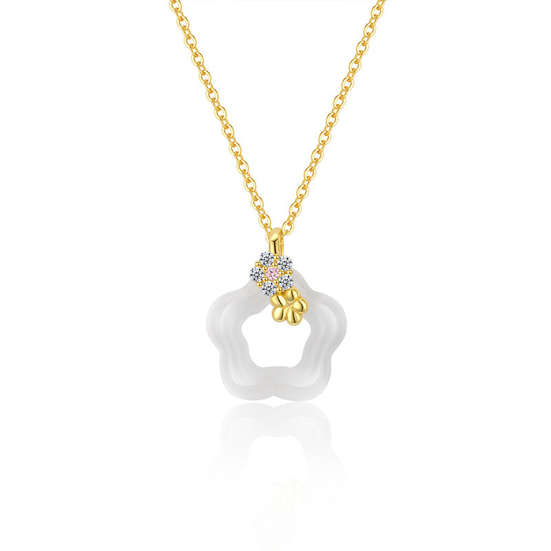 Natural Agate Necklace For Women S925 Sterling Silver Bohemian Style Hollow Out Flower Pendant Clavicle Chain Jewelry Accessory