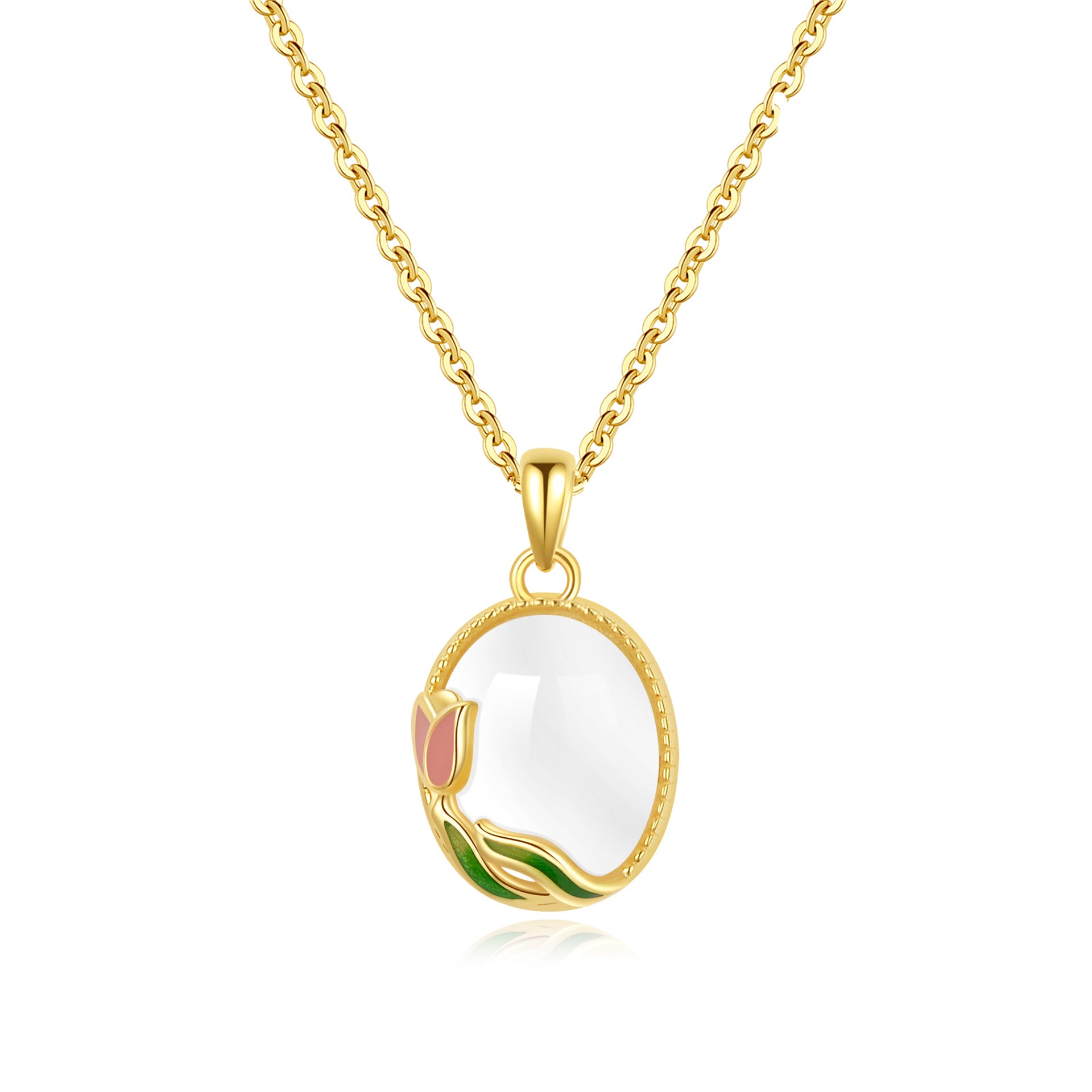 New Chinese Style Tulip Necklace Women S925 Pure Silver Geometric Pattern Enamel Agate Pendant Clavicle Chain Jewelry Accessory