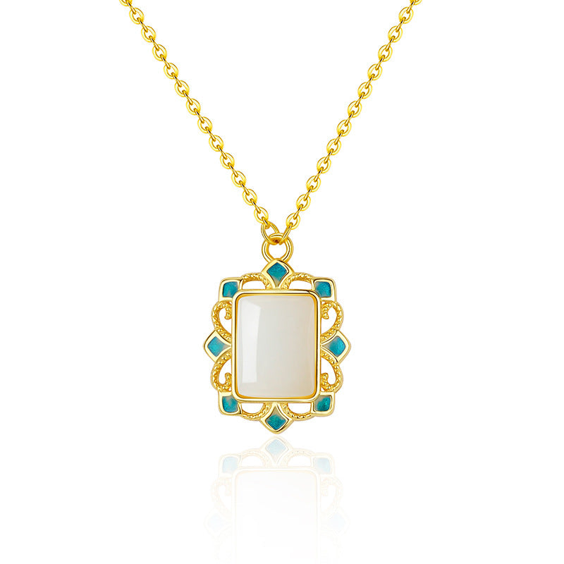 Natural Turquoise Necklace For Women S925 Sterling Silver Geometric Pattern Enamel Pendant Clavicle Chain Vintage Style