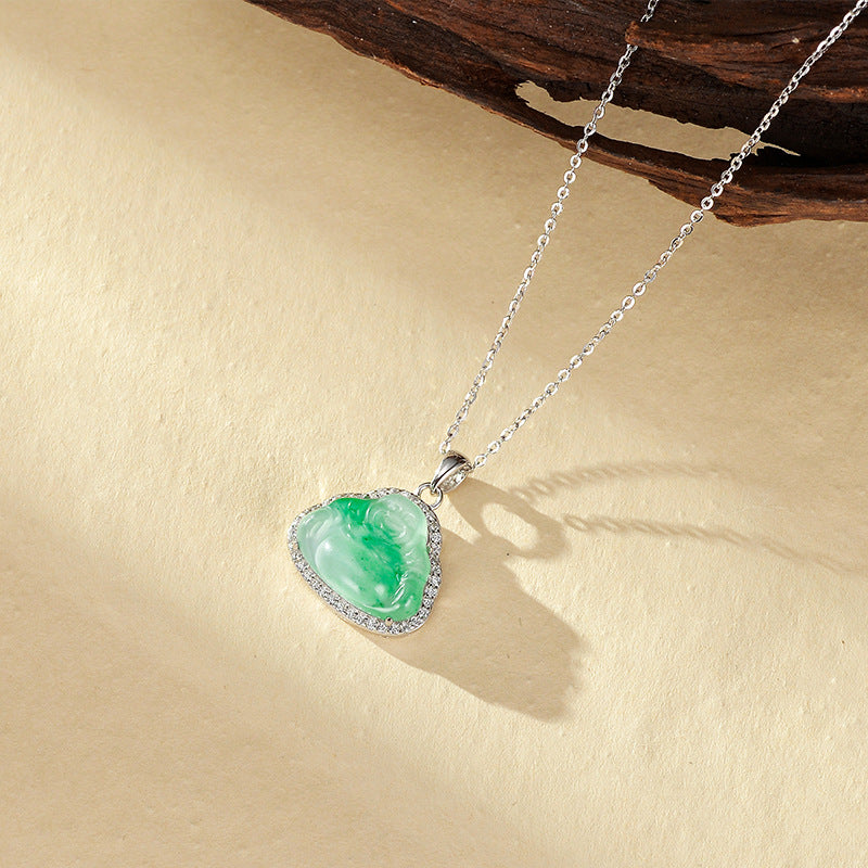 Natural Ice Transparent African Jade S925 Sterling Silver Necklace Women's High Quality Buddha Pendant Clavicle Chain Jewelry