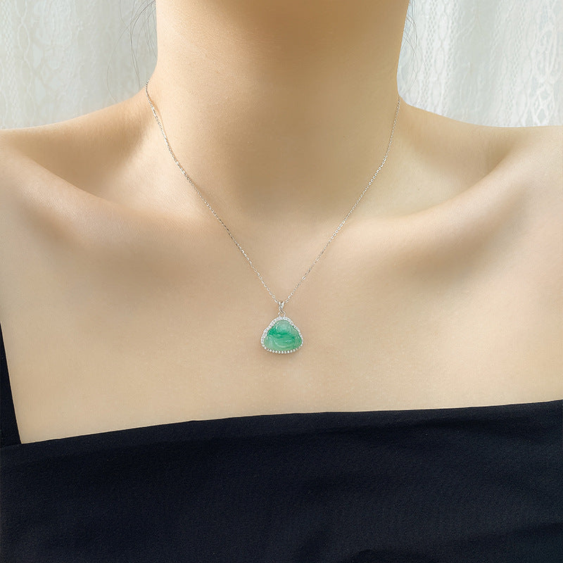 Natural Ice Transparent African Jade S925 Sterling Silver Necklace Women's High Quality Buddha Pendant Clavicle Chain Jewelry