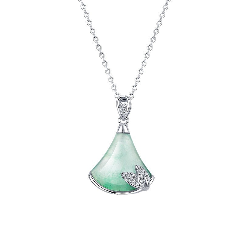 Natural African Jade Fan Shaped Pendant Necklace Women's S925 Sterling Silver Lockbone Chain Geometric Pattern Jewelry