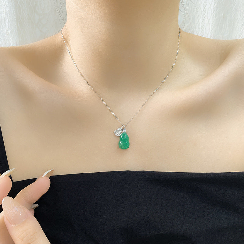Natural African Jade Ice Necklace Women's S925 Sterling Silver High-End Sensation Gourd Pendant Clavicle Chain Bohemian Style