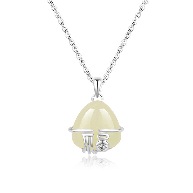 Natural Turquoise Silver Diamond-Encrusted Women's Necklace S925 Pure Silver Geometric Pattern Chinese Style Lockbone Chain