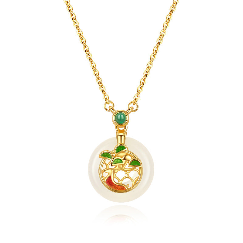 Natural Agate Necklace Women S925 Sterling Silver Painted Pendant Geometric Pattern Chinese Style Lockbone Chain Jewelry