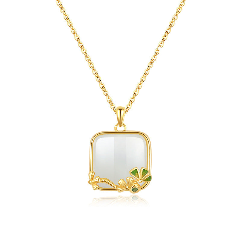 Green Turquoise Long Lasting Baked Paint Necklace Women S925 Pure Silver High-End Feel Natural Agate Square Pendant Clavicle Chain