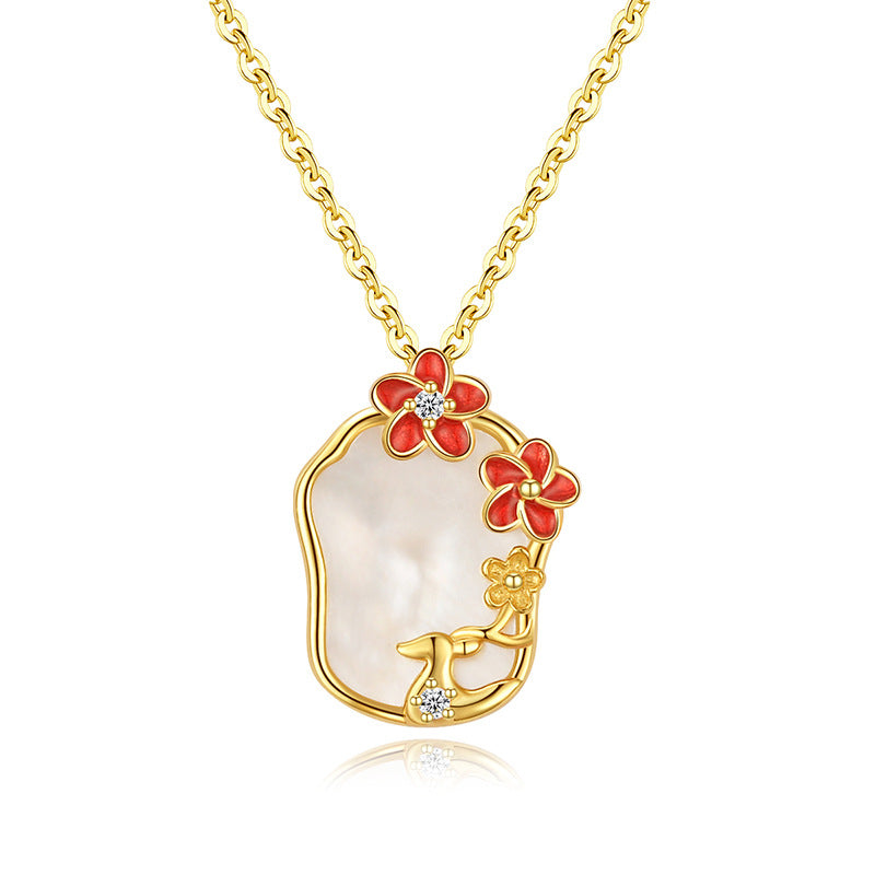 Elegant Bohemian Style Enamel Necklace For Women S925 Sterling Silver Natural Mother Of Pearl Pendant Floral Lockbone Chain