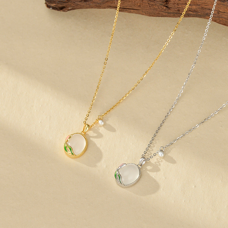 New Chinese Style Tulip Necklace Women S925 Pure Silver Geometric Pattern Enamel Agate Pendant Clavicle Chain Jewelry Accessory
