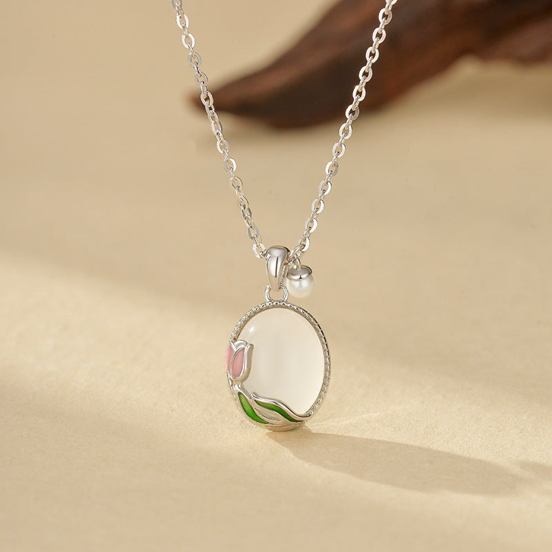 New Chinese Style Tulip Necklace Women S925 Pure Silver Geometric Pattern Enamel Agate Pendant Clavicle Chain Jewelry Accessory