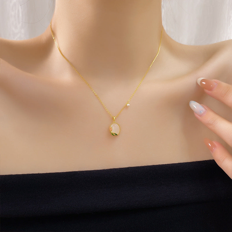 New Chinese Style Tulip Necklace Women S925 Pure Silver Geometric Pattern Enamel Agate Pendant Clavicle Chain Jewelry Accessory