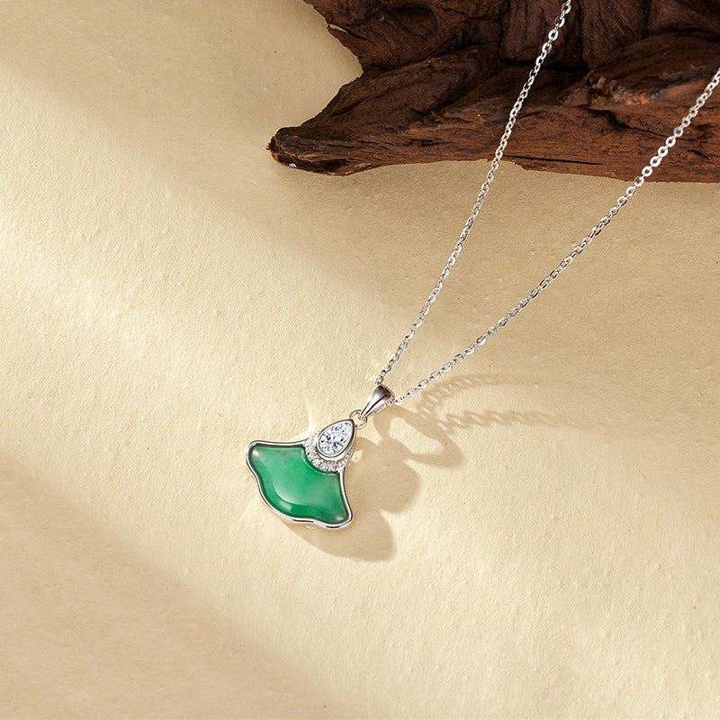 Natural Ice Transparent African Jade Women's Necklace S925 Sterling Silver Embedded Zirconia Bohemian Style Floral Print Pendant Clavicle Chain
