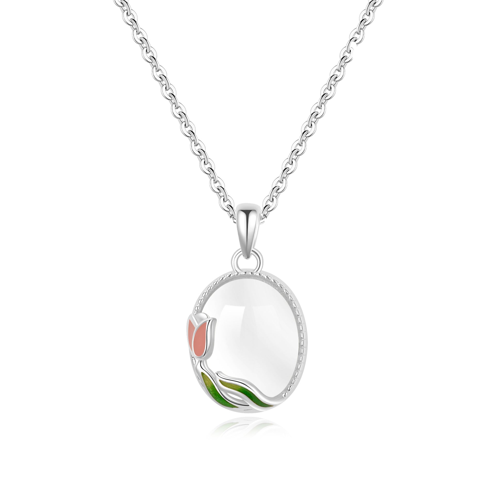 New Chinese Style Tulip Necklace Women S925 Pure Silver Geometric Pattern Enamel Agate Pendant Clavicle Chain Jewelry Accessory