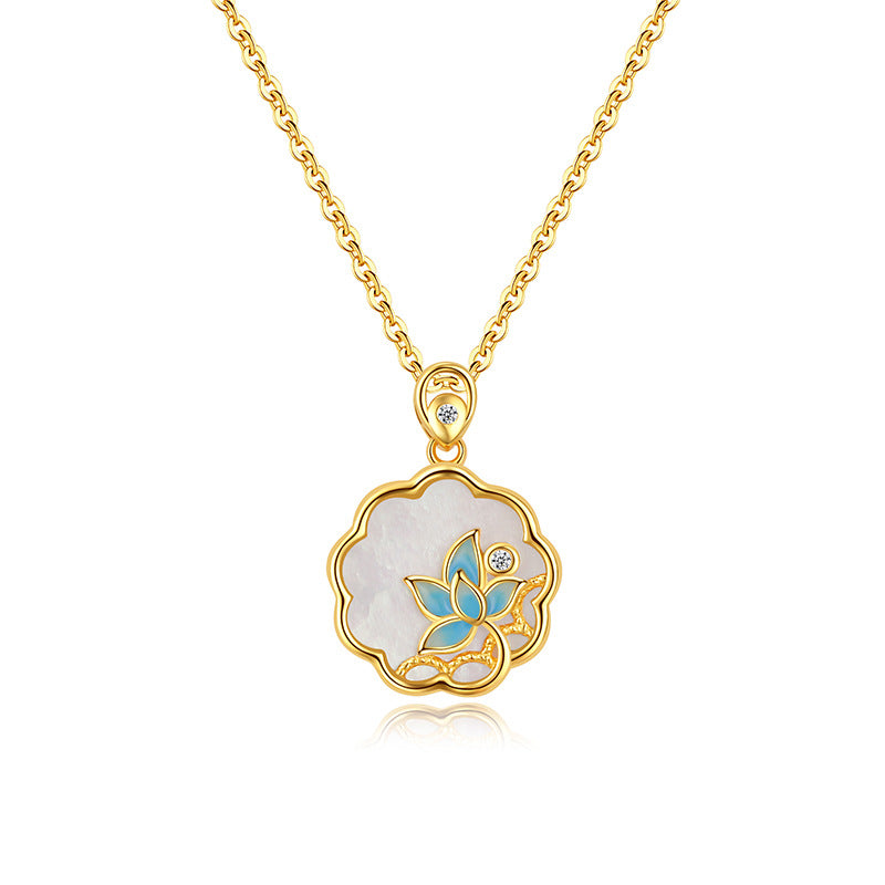 Elegant Bohemian Style Enamel Necklace For Women S925 Sterling Silver Natural Mother Of Pearl Lotus Pendant High-End Chinese Fashion Clavicle Chain