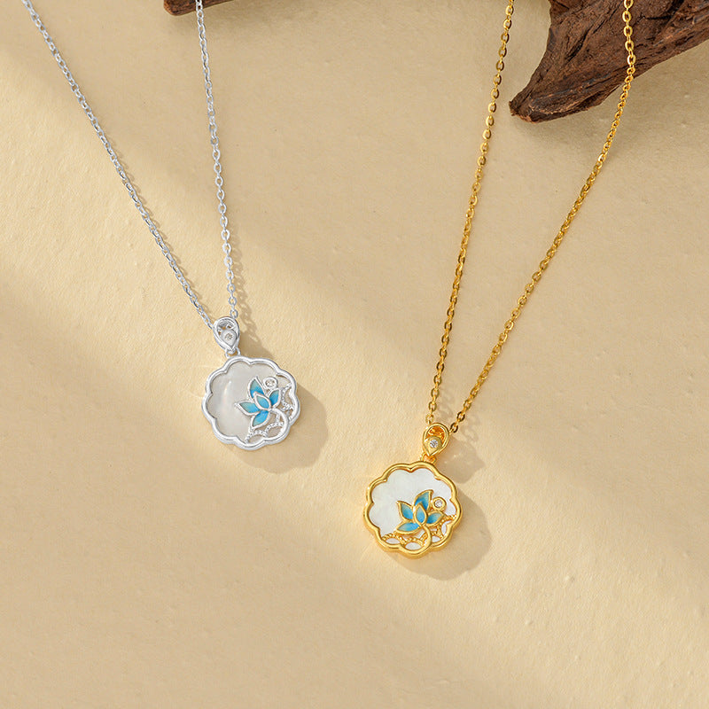 Elegant Bohemian Style Enamel Necklace For Women S925 Sterling Silver Natural Mother Of Pearl Lotus Pendant High-End Chinese Fashion Clavicle Chain
