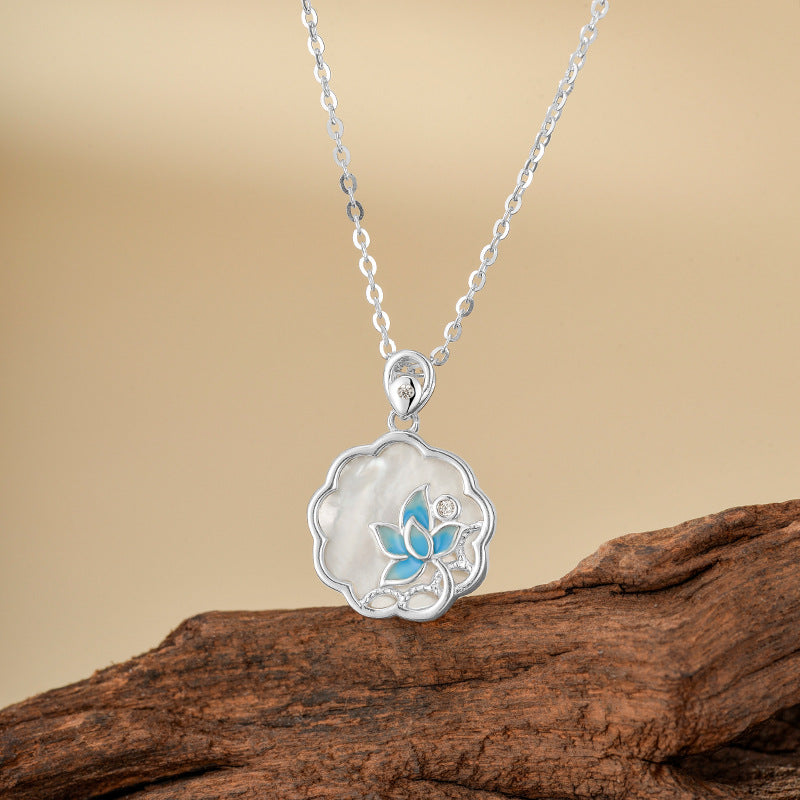 Elegant Bohemian Style Enamel Necklace For Women S925 Sterling Silver Natural Mother Of Pearl Lotus Pendant High-End Chinese Fashion Clavicle Chain