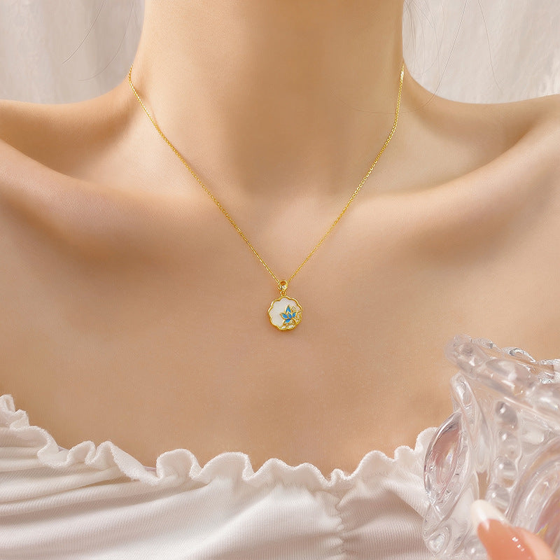 Elegant Bohemian Style Enamel Necklace For Women S925 Sterling Silver Natural Mother Of Pearl Lotus Pendant High-End Chinese Fashion Clavicle Chain