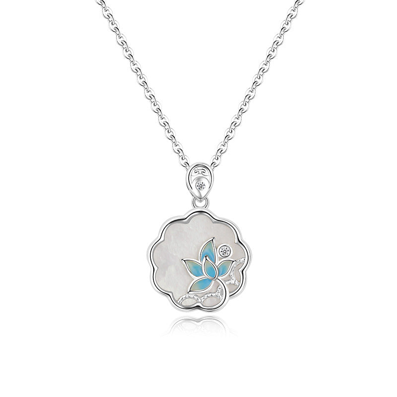 Elegant Bohemian Style Enamel Necklace For Women S925 Sterling Silver Natural Mother Of Pearl Lotus Pendant High-End Chinese Fashion Clavicle Chain