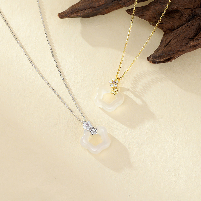 Natural Agate Necklace For Women S925 Sterling Silver Bohemian Style Hollow Out Flower Pendant Clavicle Chain Jewelry Accessory