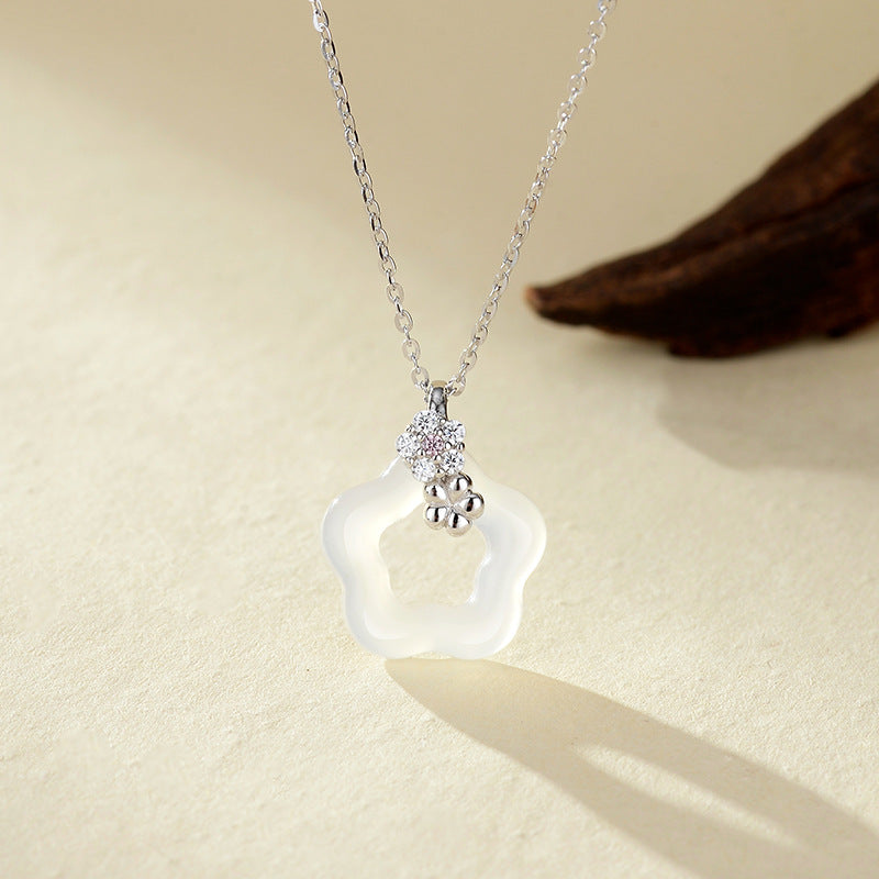 Natural Agate Necklace For Women S925 Sterling Silver Bohemian Style Hollow Out Flower Pendant Clavicle Chain Jewelry Accessory