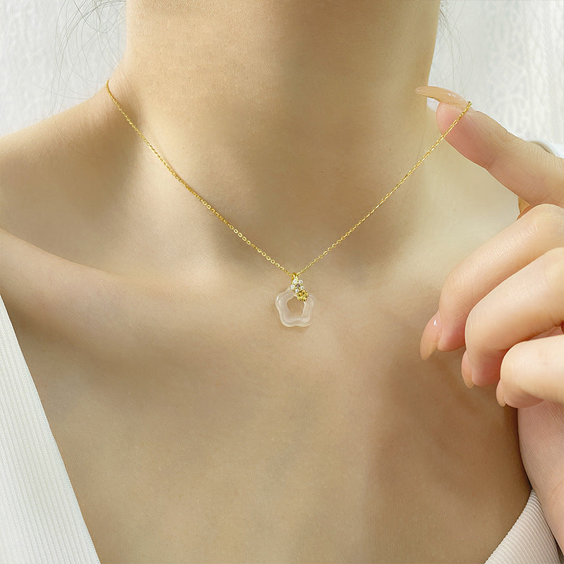 Natural Agate Necklace For Women S925 Sterling Silver Bohemian Style Hollow Out Flower Pendant Clavicle Chain Jewelry Accessory