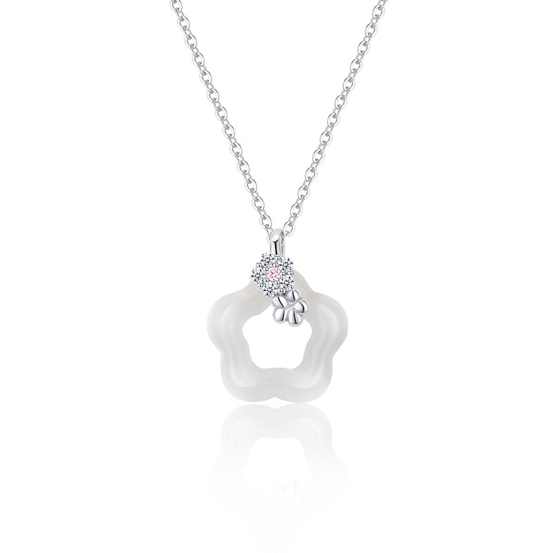Natural Agate Necklace For Women S925 Sterling Silver Bohemian Style Hollow Out Flower Pendant Clavicle Chain Jewelry Accessory