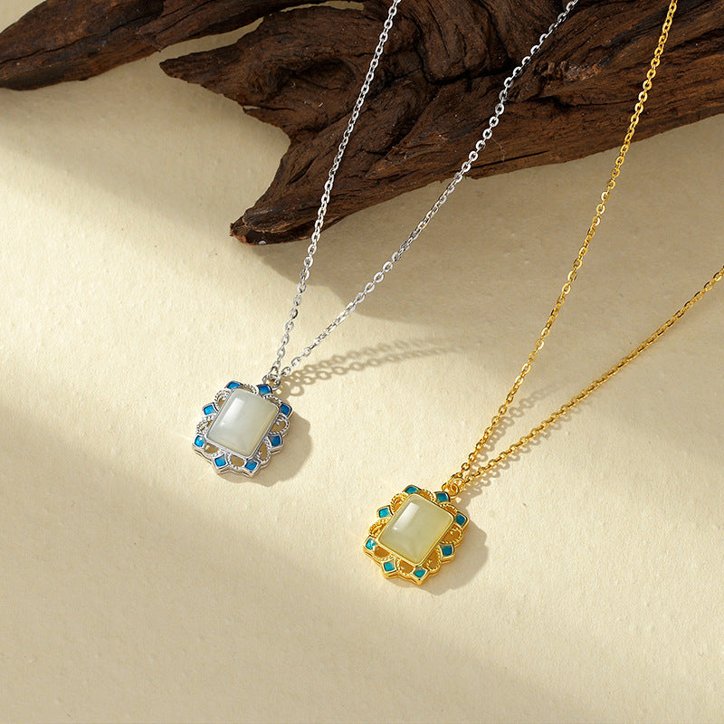 Natural Turquoise Necklace For Women S925 Sterling Silver Geometric Pattern Enamel Pendant Clavicle Chain Vintage Style