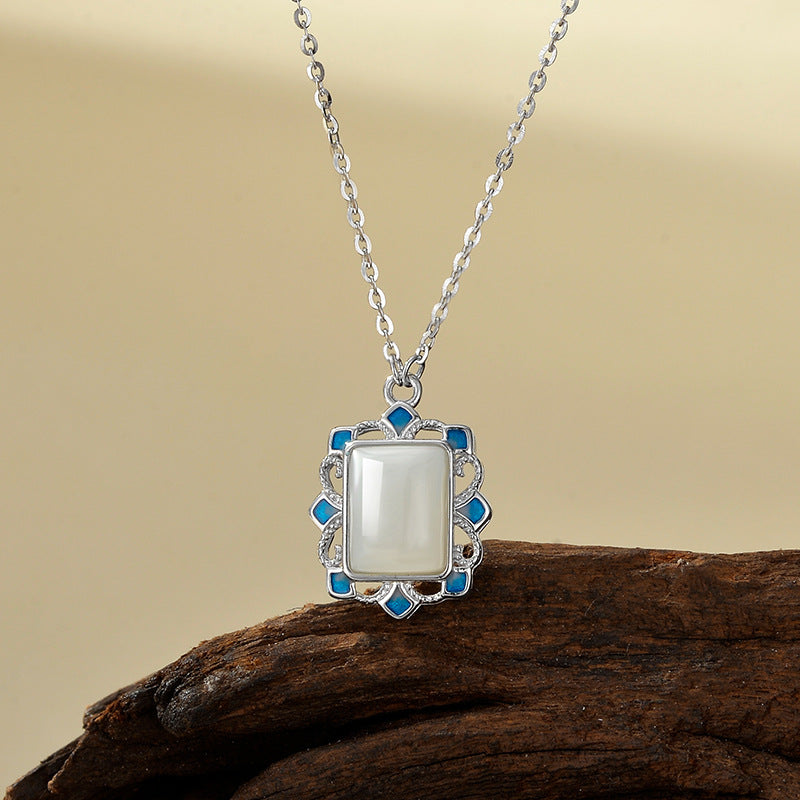 Natural Turquoise Necklace For Women S925 Sterling Silver Geometric Pattern Enamel Pendant Clavicle Chain Vintage Style