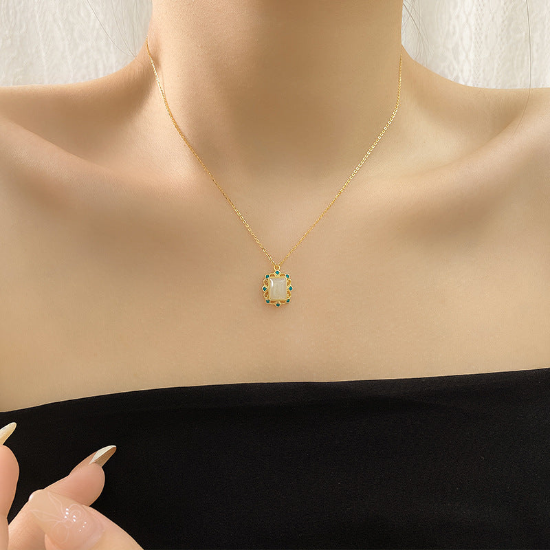Natural Turquoise Necklace For Women S925 Sterling Silver Geometric Pattern Enamel Pendant Clavicle Chain Vintage Style