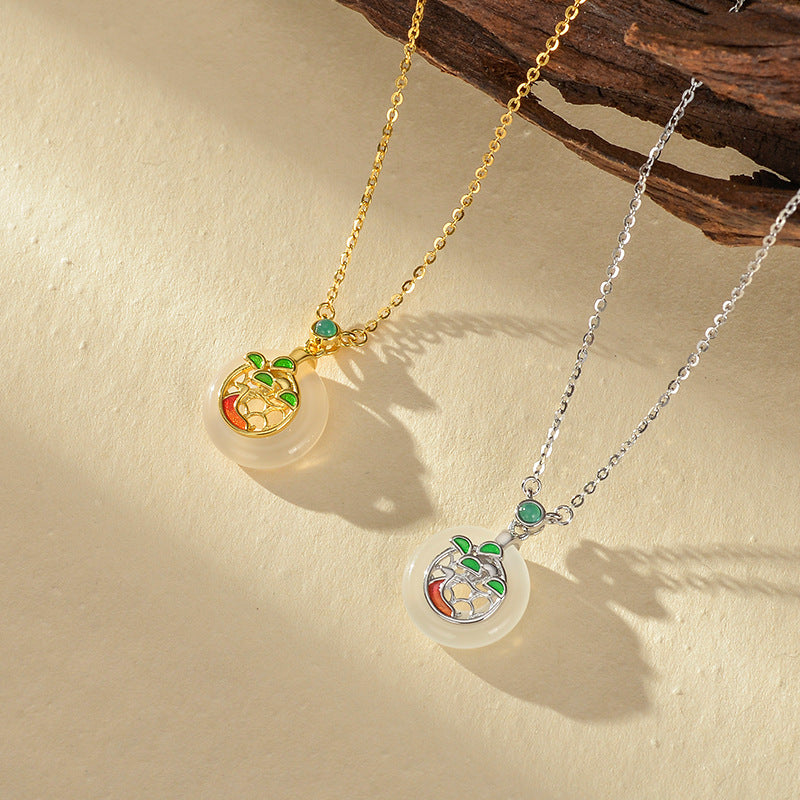 Natural Agate Necklace Women S925 Sterling Silver Painted Pendant Geometric Pattern Chinese Style Lockbone Chain Jewelry