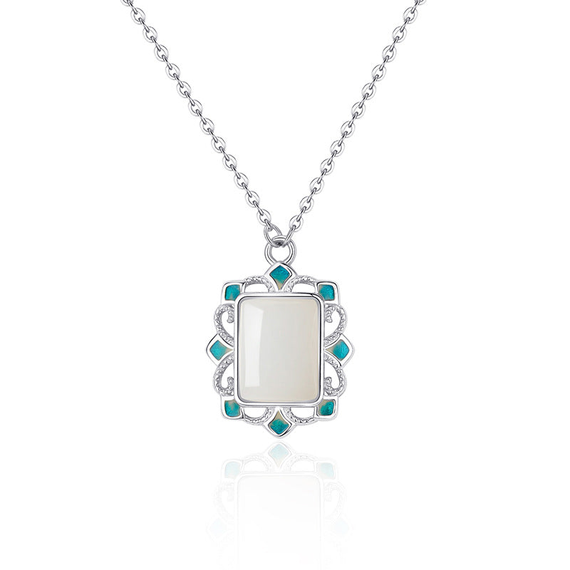 Natural Turquoise Necklace For Women S925 Sterling Silver Geometric Pattern Enamel Pendant Clavicle Chain Vintage Style