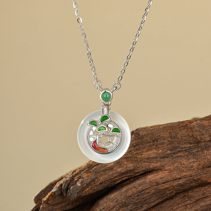 Natural Agate Necklace Women S925 Sterling Silver Painted Pendant Geometric Pattern Chinese Style Lockbone Chain Jewelry