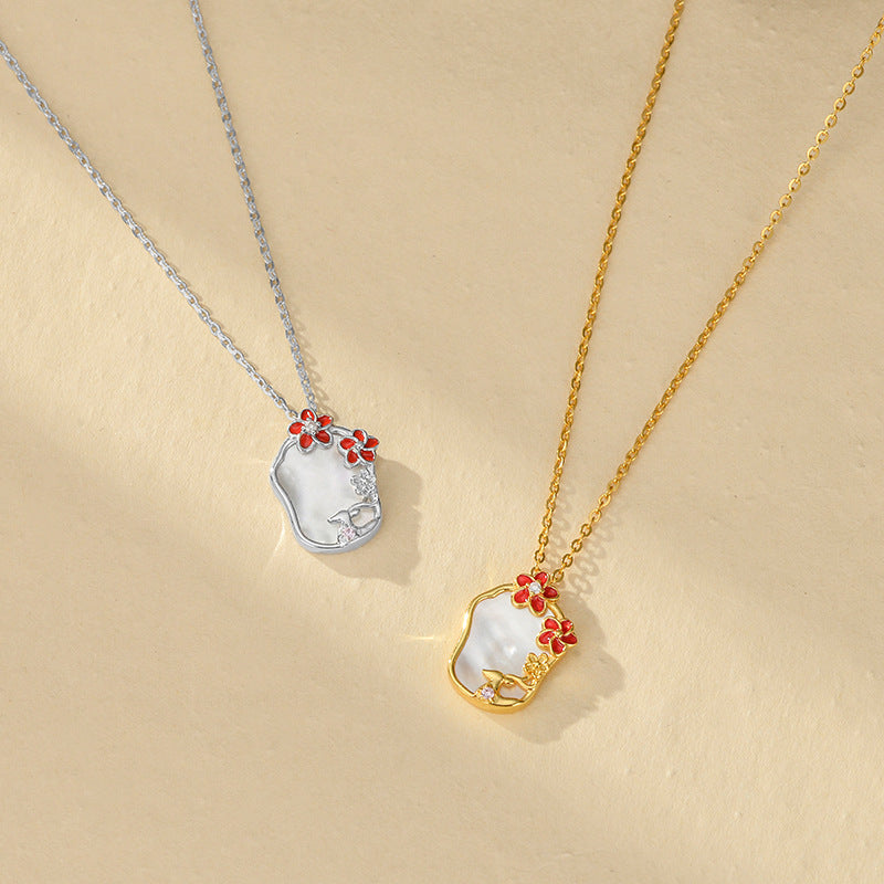 Elegant Bohemian Style Enamel Necklace For Women S925 Sterling Silver Natural Mother Of Pearl Pendant Floral Lockbone Chain