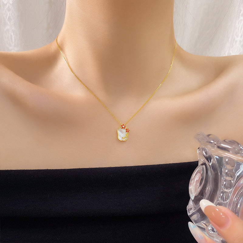 Elegant Bohemian Style Enamel Necklace For Women S925 Sterling Silver Natural Mother Of Pearl Pendant Floral Lockbone Chain