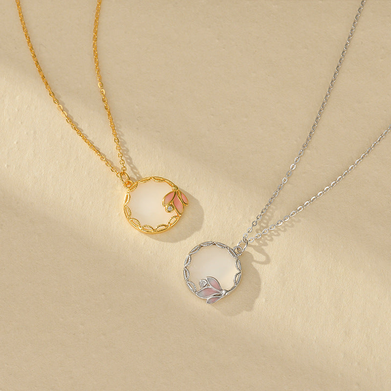 Elegant S925 Sterling Silver Necklace For Women With Natural Agate Pendant Geometric Pattern Painted Surface Floral Design