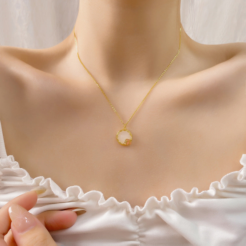 Elegant S925 Sterling Silver Necklace For Women With Natural Agate Pendant Geometric Pattern Painted Surface Floral Design