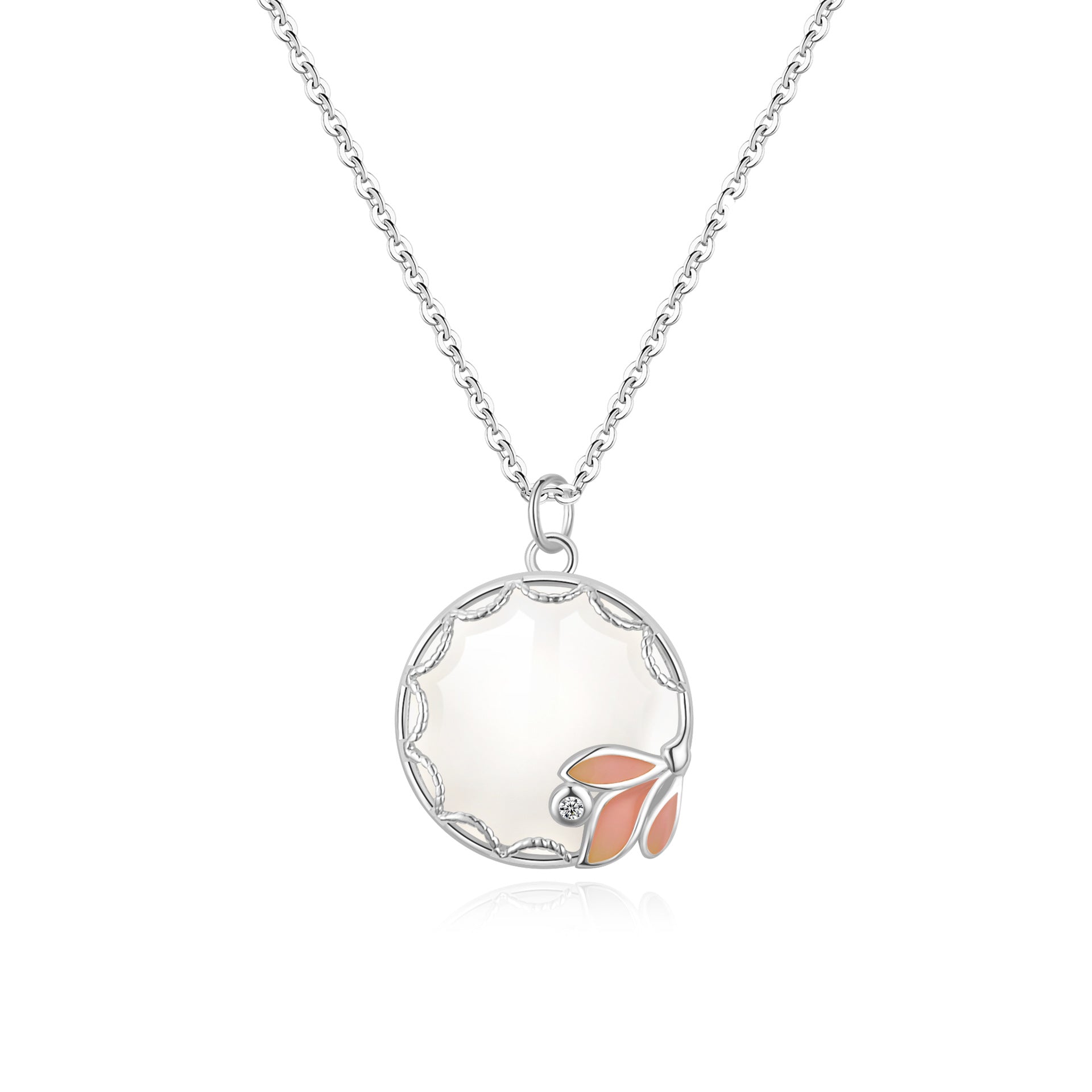 Elegant S925 Sterling Silver Necklace For Women With Natural Agate Pendant Geometric Pattern Painted Surface Floral Design