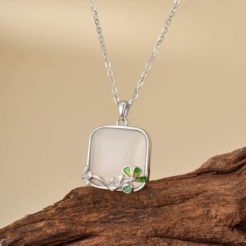 Green Turquoise Long Lasting Baked Paint Necklace Women S925 Pure Silver High-End Feel Natural Agate Square Pendant Clavicle Chain