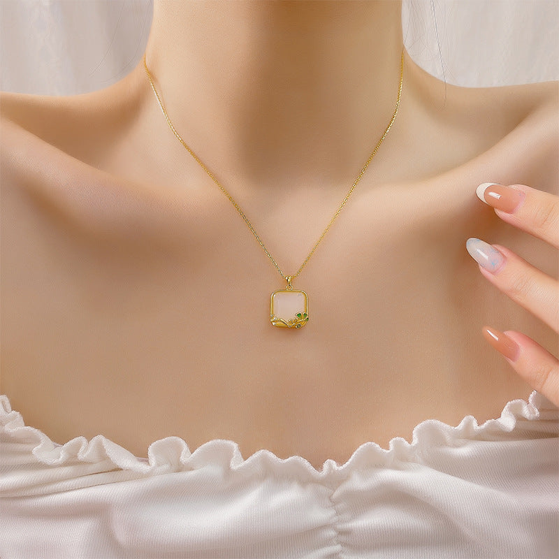 Green Turquoise Long Lasting Baked Paint Necklace Women S925 Pure Silver High-End Feel Natural Agate Square Pendant Clavicle Chain
