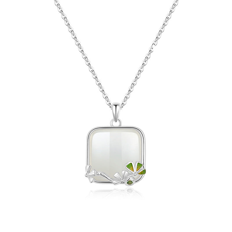 Green Turquoise Long Lasting Baked Paint Necklace Women S925 Pure Silver High-End Feel Natural Agate Square Pendant Clavicle Chain