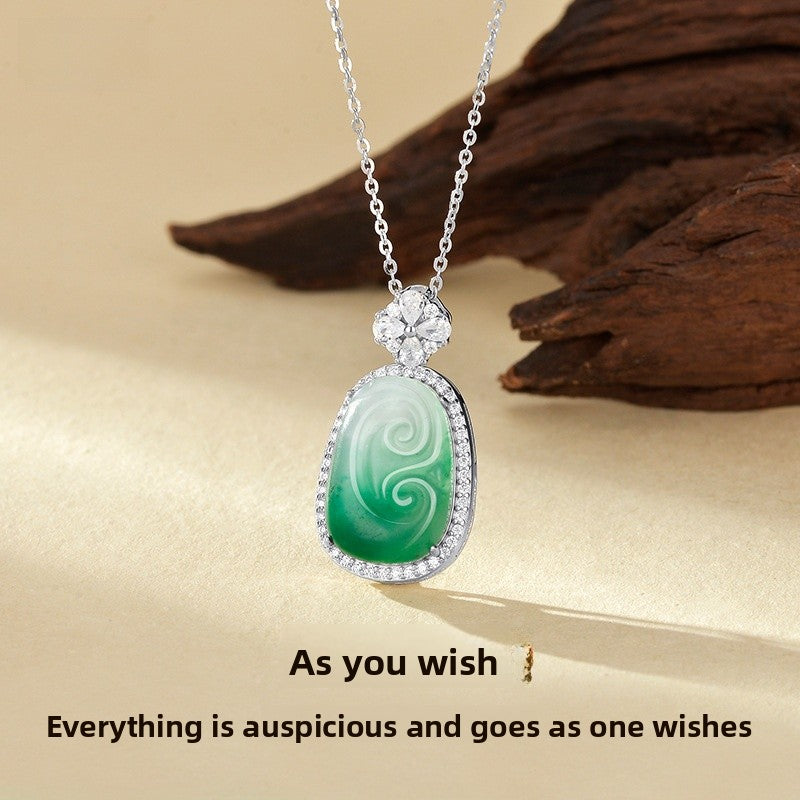 Natural African Jade Necklace For Women S925 Sterling Silver High Ice Jadeite Pendant Clavicle Chain Geometric Pattern Chinese Style