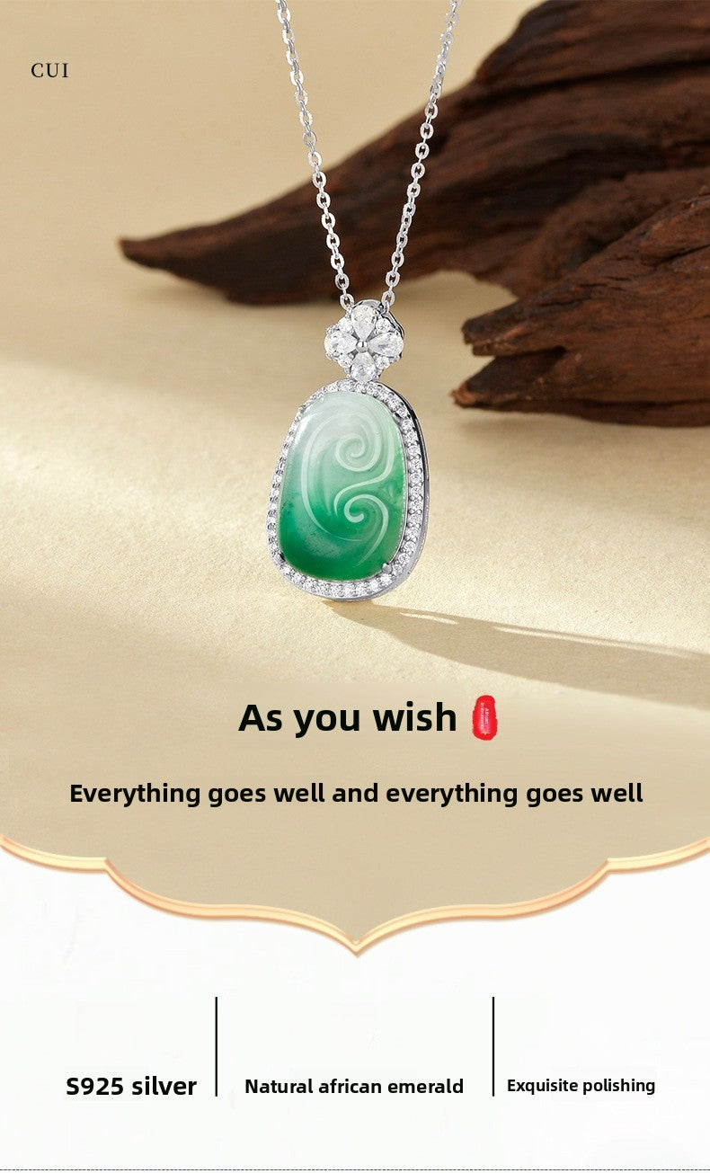 Natural African Jade Necklace For Women S925 Sterling Silver High Ice Jadeite Pendant Clavicle Chain Geometric Pattern Chinese Style
